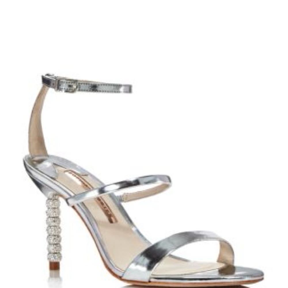 Silver Strappy High Heel Sandal with Embellished Heel
